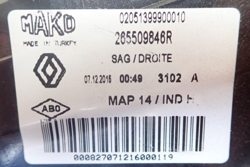 LAMPA FAR DESNA STRANA ZADNJA ZADNJI RENAULT CLIO IV 4 HATCHBACK (OBIČNI) 12- LAMPA FAR DESNA STRANA ZADNJA ZADNJI RENAULT CLIO IV 4 HATCHBACK (OBIČNI) 12-