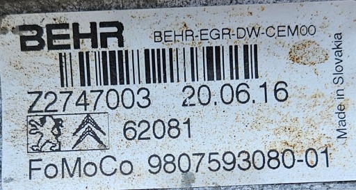 VENTIL EGR CITROEN PEUGEOT FORD 2.0 HDI TDCI 9807593080